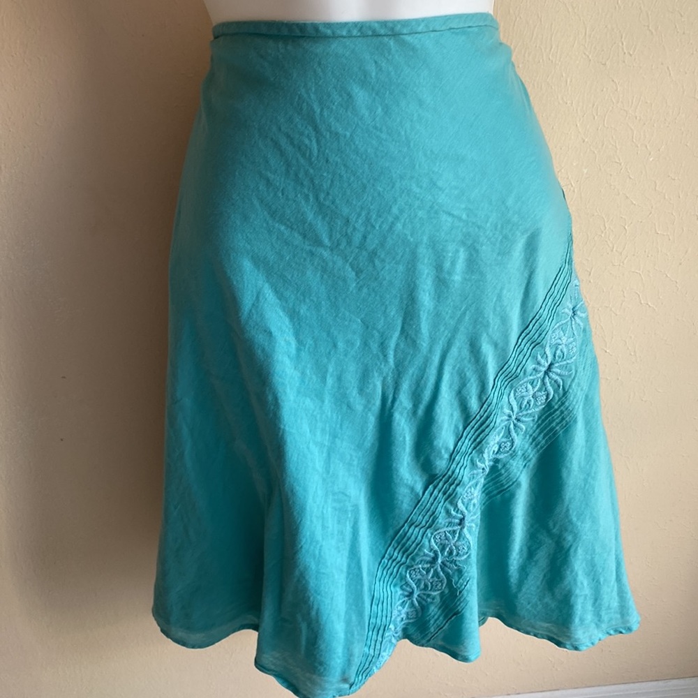 DKNY jeans A-line skirt teal cotton lined Embroidered designs 6